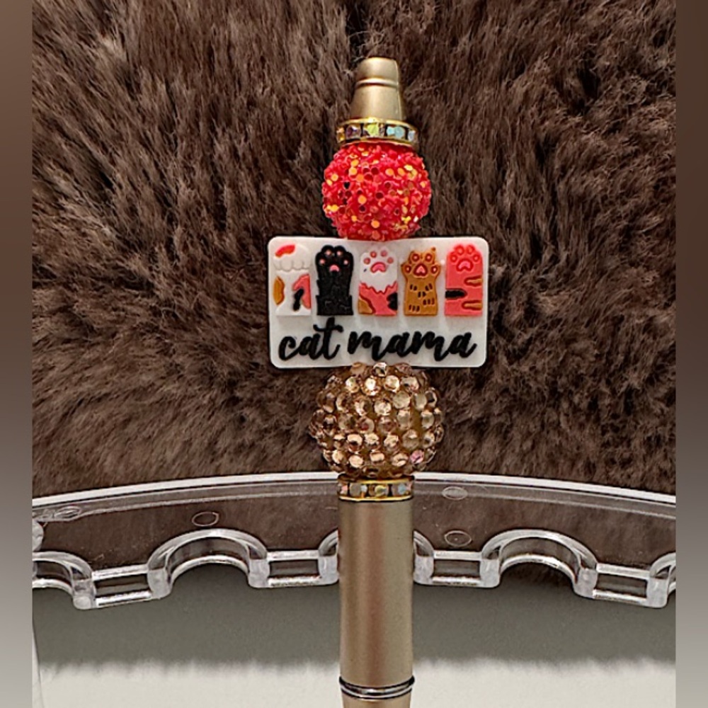 Cat Mama Pen Sparkly Beaded Handmade Decorated Paw Prints Focal Bead Rhinestones